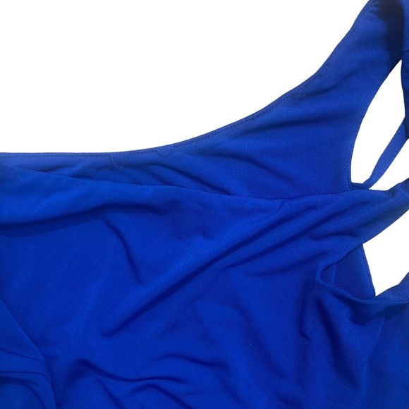 The Fashion Poet Dress Women’s Sz XL Blue One Shoulder Ruched Midi - Picture 9 of 9